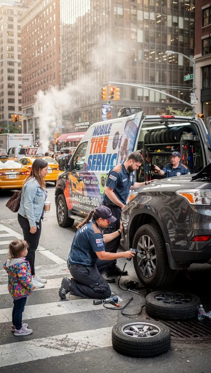 Technician inspecting tire tread depth on a compact car in a busy New York City tire repair shop.