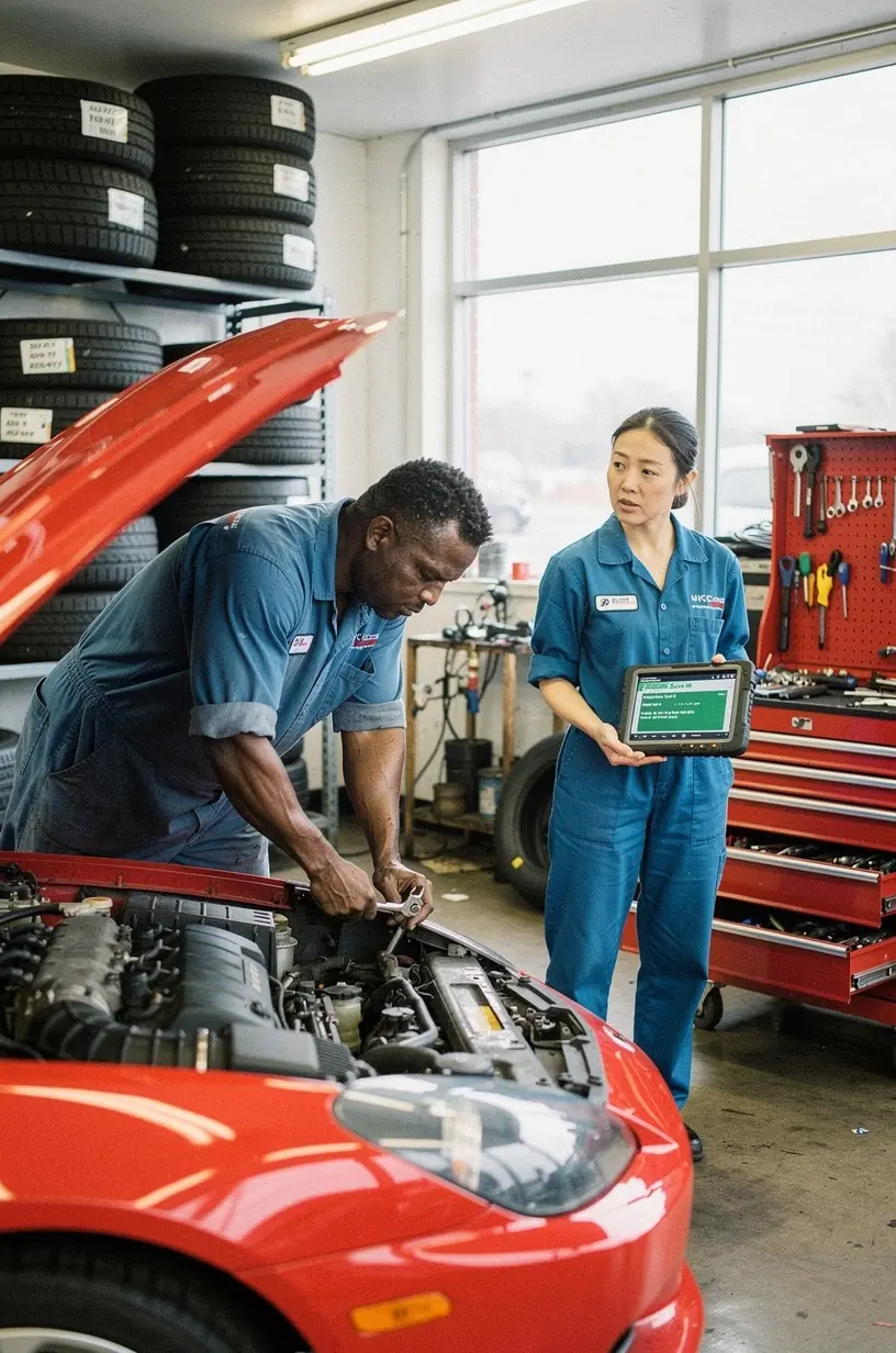 Customer receiving expert advice on tire selection and suspension maintenance tailored for dense city traffic conditions.